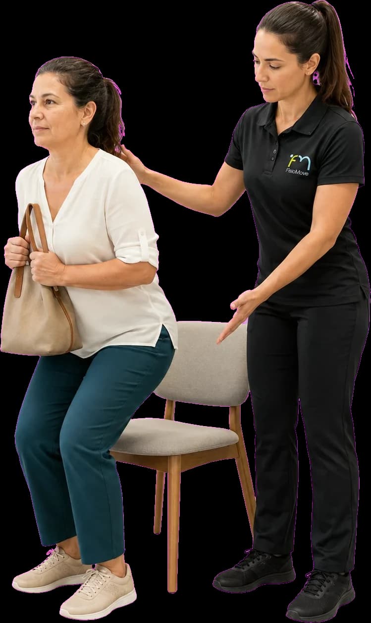 Atendimento de fisioterapia ortopédica na FisioMove, com apoio para levantar-se da cadeira