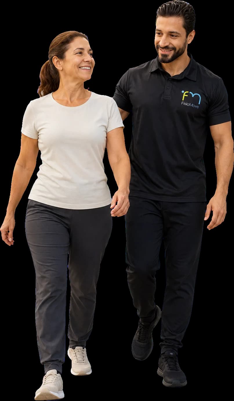 Fisioterapeuta da FisioMove caminhando ao lado de uma paciente sorridente